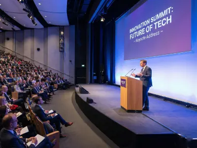 Conference delegates attending multiple sessions with digital accreditation badges and attendance tracking system