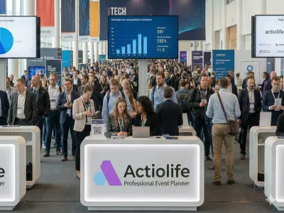 Visitors checking in at a trade show registration desk using QR code badges and digital pre-registration system